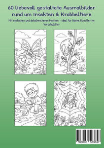 Rückseite von „Mein Malbuch Insekten & Krabbeltiere“ mit Ausmalbildern von Schmetterling, Zikade, Schnecke und Spinne