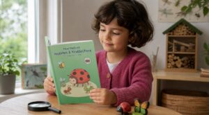 Kind betrachtet „Mein Malbuch Insekten & Krabbeltiere“ an einem Tisch mit Lupe, Marienkäfer, Schmetterling und Insektenhotel