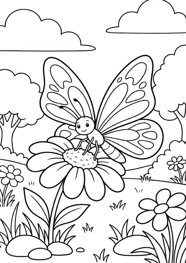 Ausmalbild mit einem großen Schmetterling auf einer Blume in einer Wiese