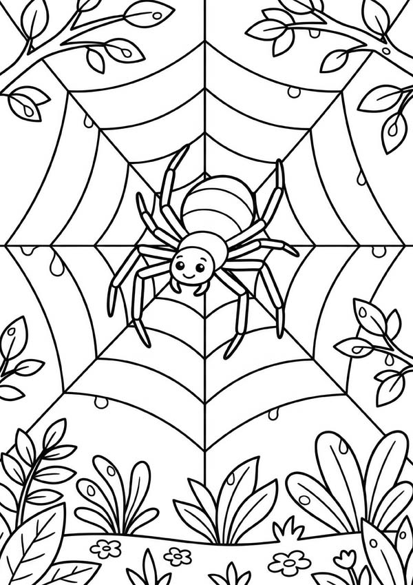 Ausmalbild mit einer Spinne in einem großen Spinnennetz zwischen Pflanzen