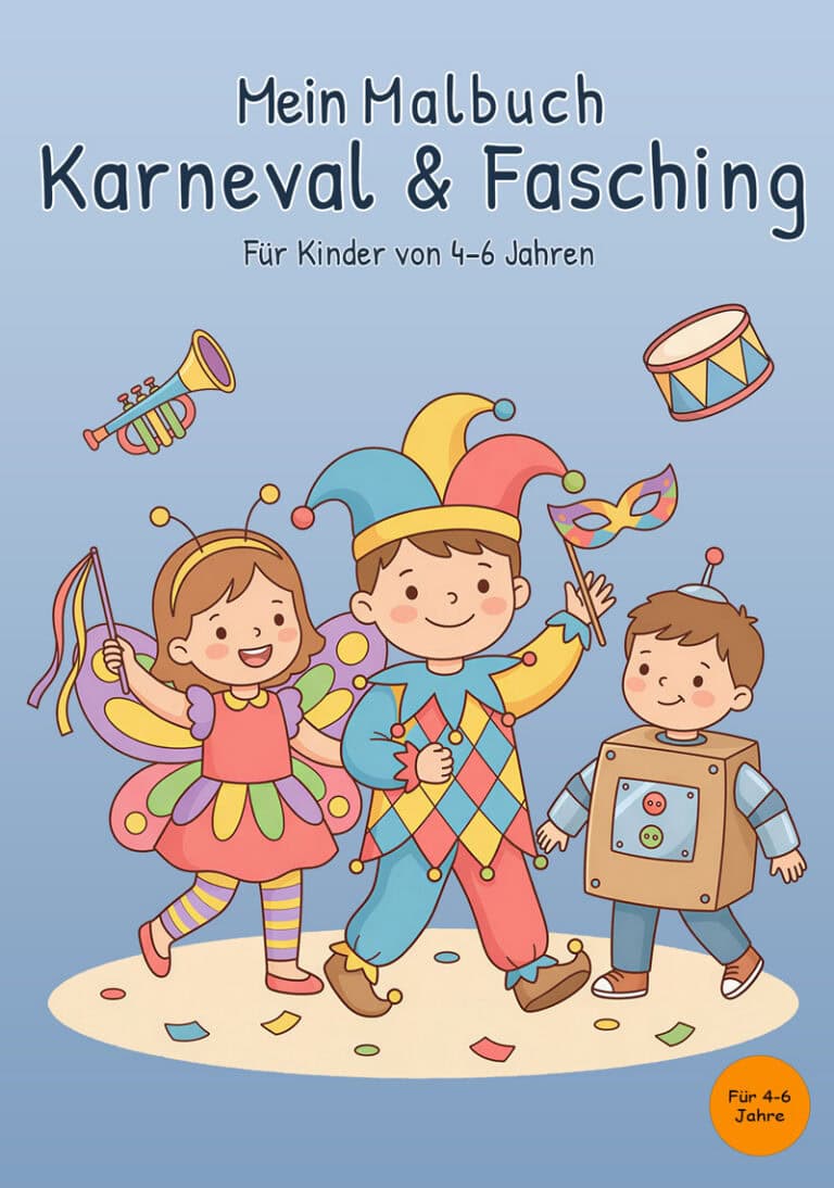 Cover von Mein Malbuch Karneval & Fasching mit drei verkleideten Kindern als Schmetterling, Narr und Roboter
