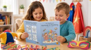 Zwei Kinder lesen gemeinsam Mein Malbuch Karneval & Fasching für Kinder von 4–6 Jahren
