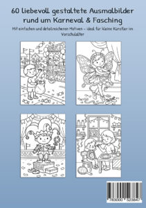 Rückseite von Mein Malbuch Karneval & Fasching mit vier Beispielseiten zu Umzug, Tanz, Narrenkostüm und Kinderschminken