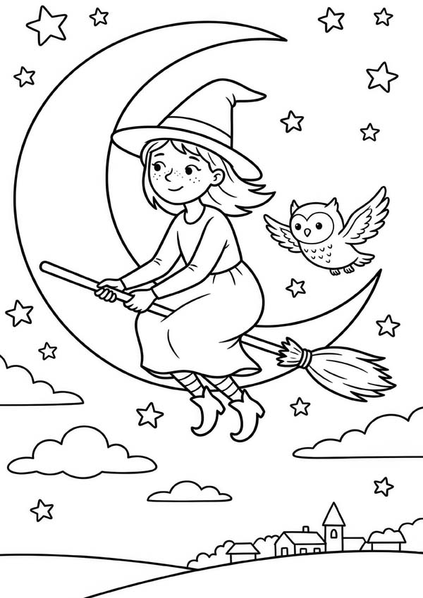 Ausmalbild mit einer kleinen Hexe auf einem Besen vor einem großen Mond, begleitet von einer Eule