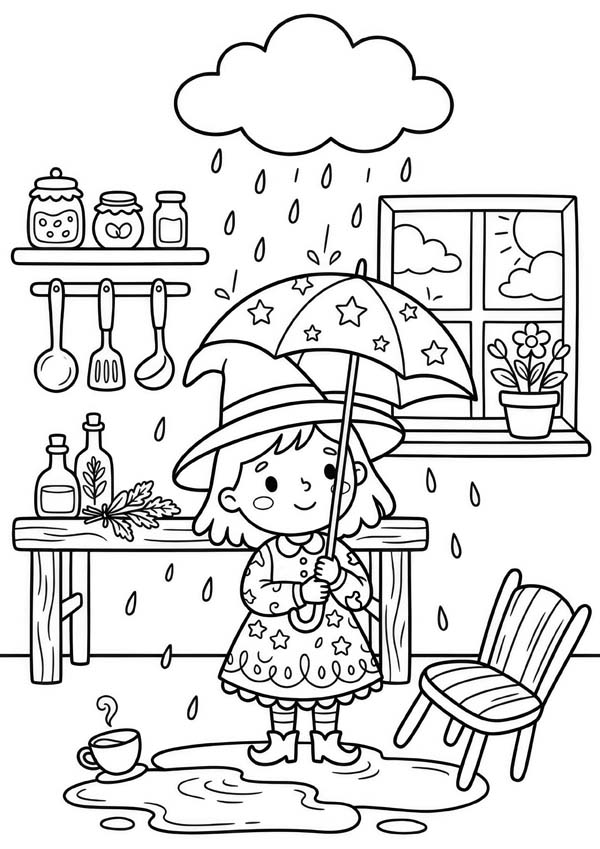 Ausmalbild mit einer kleinen Hexe, die unter einer Regenwolke mit einem Regenschirm in einer Pfütze steht
