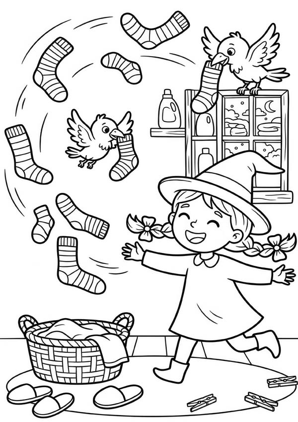 Ausmalbild mit einer kleinen Hexe, die fröhlich zwischen fliegenden Socken und Vögeln zaubert