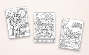 Drei Beispiel-Ausmalbilder aus „Mein Malbuch Kleine Hexen & Zauberei“ mit Hexe beim Zähneputzen, Zauberbuch in einer Bibliothek und zwei Hexenkindern mit Kuscheltier