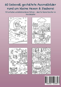 Rückseite von „Mein Malbuch Kleine Hexen & Zauberei“ mit vier Ausmalbildern von Hexenflug, Regenschirmzauber, fliegenden Socken und Zauberkessel
