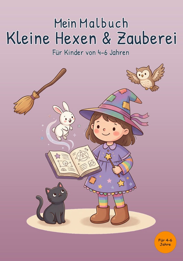 Cover von „Mein Malbuch Kleine Hexen & Zauberei“ für Kinder von 4–6 Jahren mit kleiner Hexe, Zauberbuch, Katze, Hase, Eule und Besen
