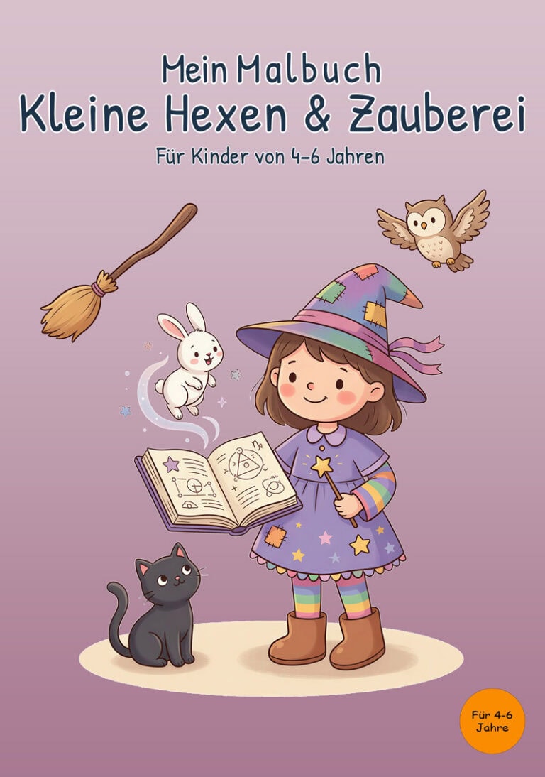 Cover von „Mein Malbuch Kleine Hexen & Zauberei“ für Kinder von 4–6 Jahren mit kleiner Hexe, Zauberbuch, Katze, Hase, Eule und Besen