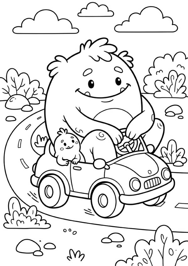 Ausmalbild mit einem großen Monster und einem kleinen Monster, die zusammen in einem kleinen Auto fahren