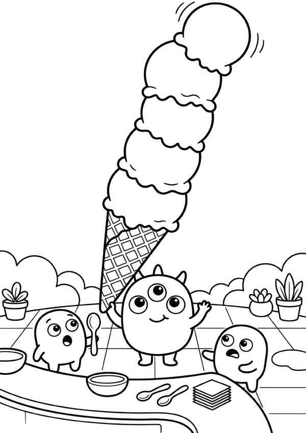 Ausmalbild mit drei kleinen Monstern und einer riesigen Eiswaffel mit wackelnden Eiskugeln