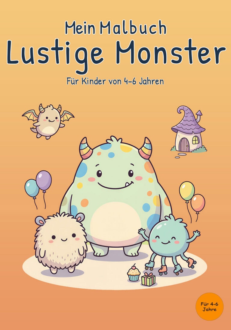 Cover von „Mein Malbuch Lustige Monster“ für Kinder von 4–6 Jahren mit drei freundlichen Monstern, Luftballons, Rollschuhen, Geschenk und kleinem Fantasiehaus