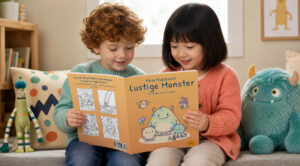 Zwei Kinder lesen gemeinsam „Mein Malbuch Lustige Monster“ auf einem Sofa neben zwei freundlichen Monster-Kuscheltieren