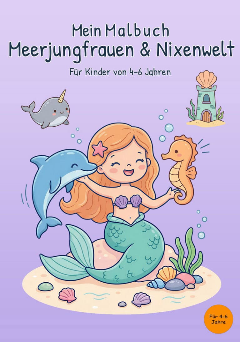 Cover des Malbuchs „Meerjungfrauen & Nixenwelt“ mit orangehaariger Meerjungfrau, blauem Delfin, Seepferdchen, Narwal, Muscheln und kleinem Unterwasserturm auf lilafarbenem Hintergrund