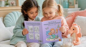 Zwei Mädchen betrachten gemeinsam das geöffnete Malbuch „Meerjungfrauen & Nixenwelt“ auf einem Sofa, daneben ein Seepferdchen-Kuscheltier und eine Schatulle mit Perlen