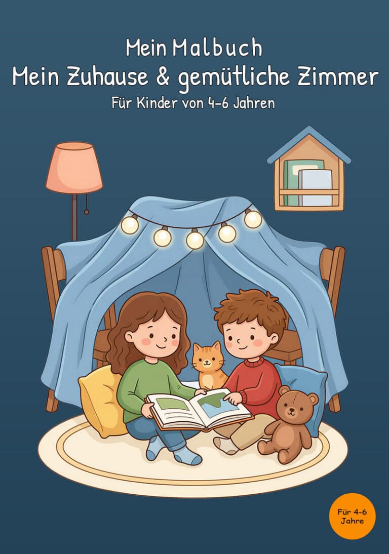 Dunkelblaues Cover von „Mein Malbuch Mein Zuhause & gemütliche Zimmer“ mit einem Mädchen und einem Jungen, die unter einer beleuchteten Deckenhöhle ein Buch ansehen; zwischen ihnen sitzt eine orangefarbene Katze, daneben ein Teddybär