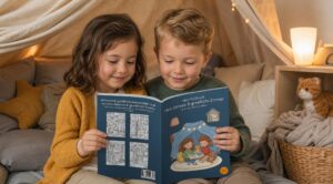 Ein Mädchen im senfgelben Pullover und ein Junge im dunkelgrünen Pullover lesen gemeinsam „Mein Malbuch Mein Zuhause & gemütliche Zimmer“ in einer gemütlichen Höhle aus Decken und Kissen mit warmer Lichterkette