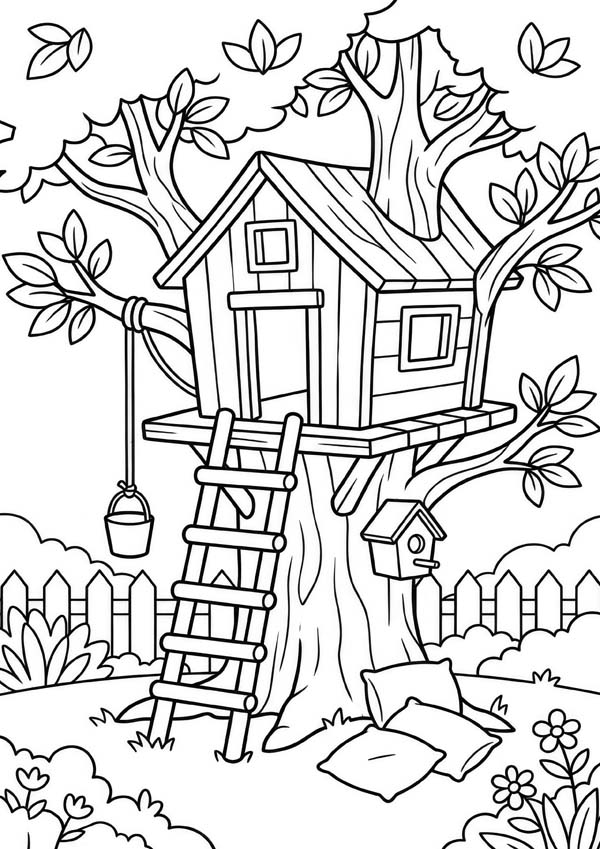 Ausmalbild mit einem Baumhaus, einer Leiter, einem kleinen Eimer und einem Vogelhaus im Garten