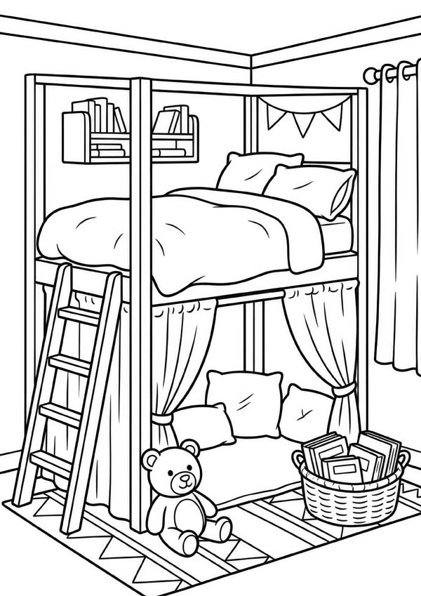 Ausmalbild mit einem gemütlichen Hochbett, einer Leseecke, einem Teddybären und einem Korb voller Bücher