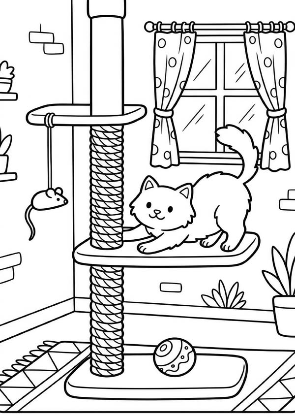 Ausmalbild mit einer Katze auf einem Kratzbaum, einer Spielmaus und einem Ball im gemütlichen Zimmer