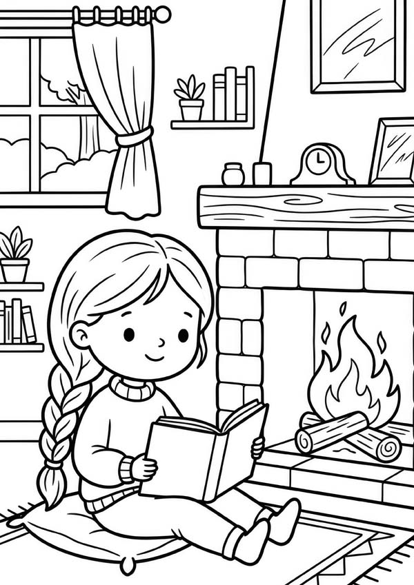 Ausmalbild mit einem Mädchen, das auf einem Kissen vor dem brennenden Kamin ein Buch liest