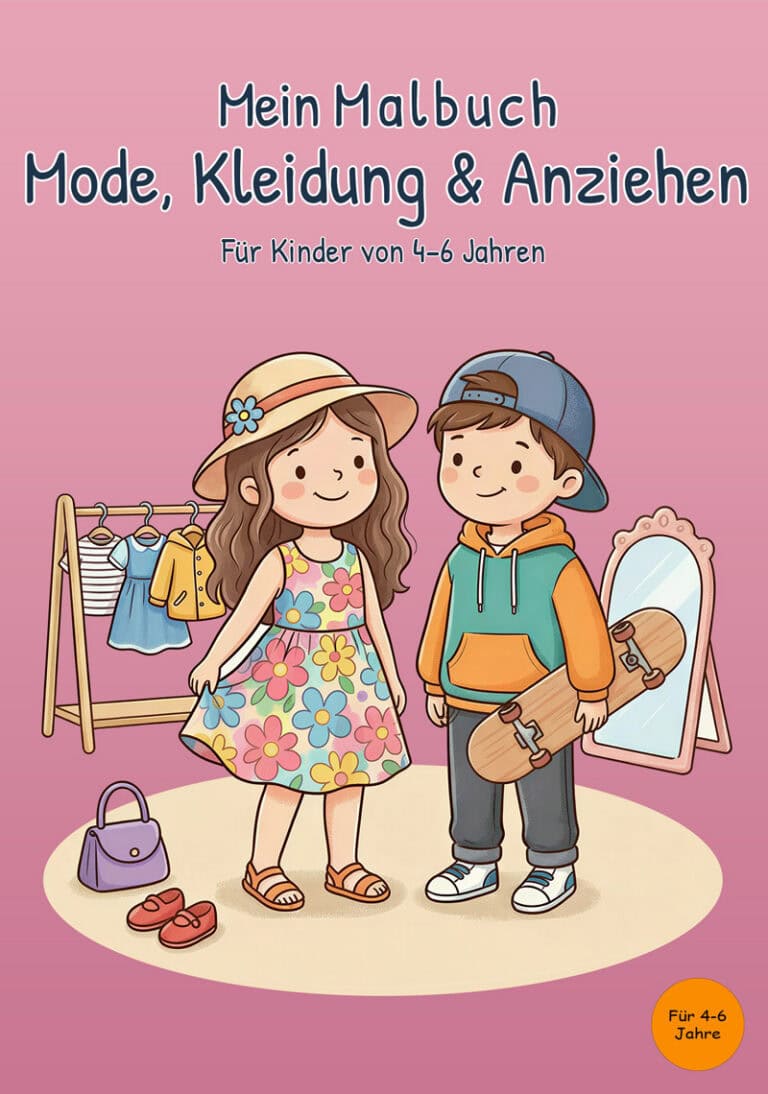 Cover von „Mein Malbuch Mode, Kleidung & Anziehen“ für Kinder von 4–6 Jahren mit Mädchen im Blumenkleid und Jungen mit Kapuzenpullover und Skateboard