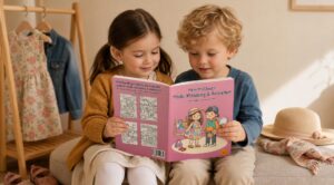 Zwei Kinder lesen gemeinsam „Mein Malbuch Mode, Kleidung & Anziehen“ neben einem Kleiderständer mit Kleid und Jacke