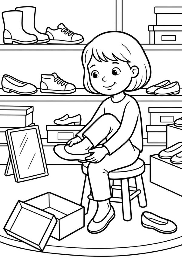Ausmalbild mit einem Kind, das in einem Schuhzimmer neue Schuhe anprobiert