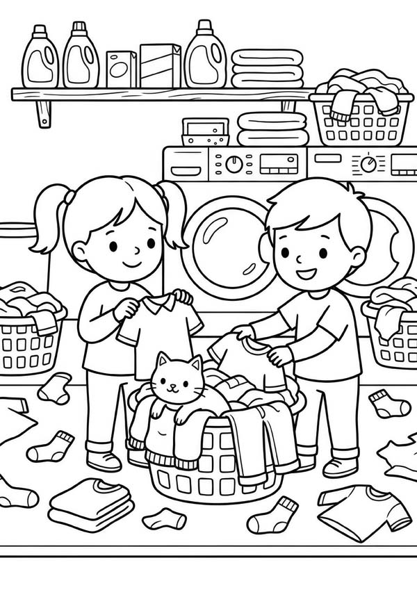 Ausmalbild mit zwei Kindern, die vor Waschmaschinen gemeinsam Wäsche sortieren und falten