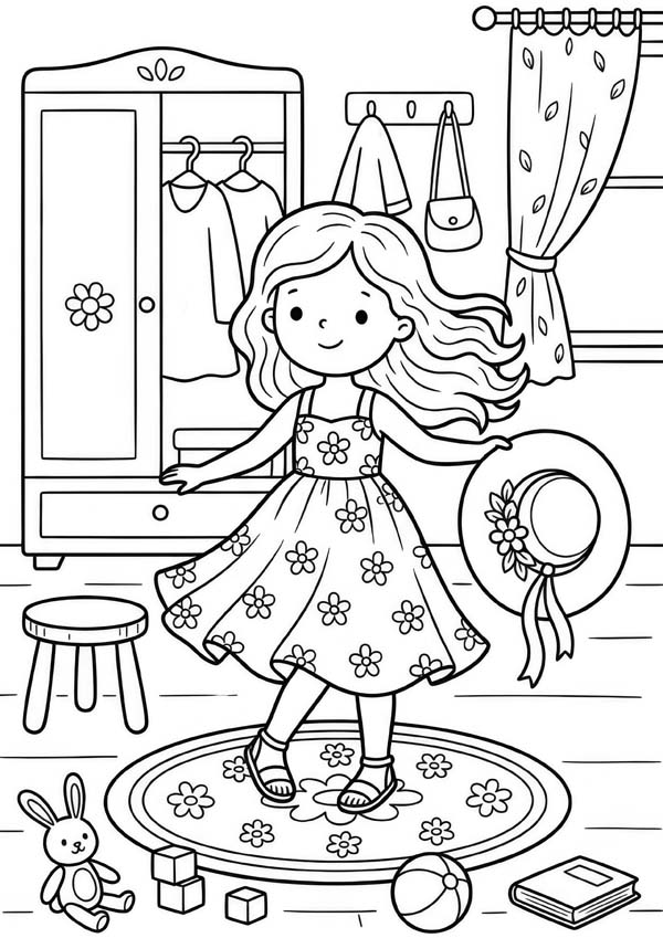 Ausmalbild mit einem Mädchen in einem Kleid, das sich im Kinderzimmer vor einem Kleiderschrank dreht