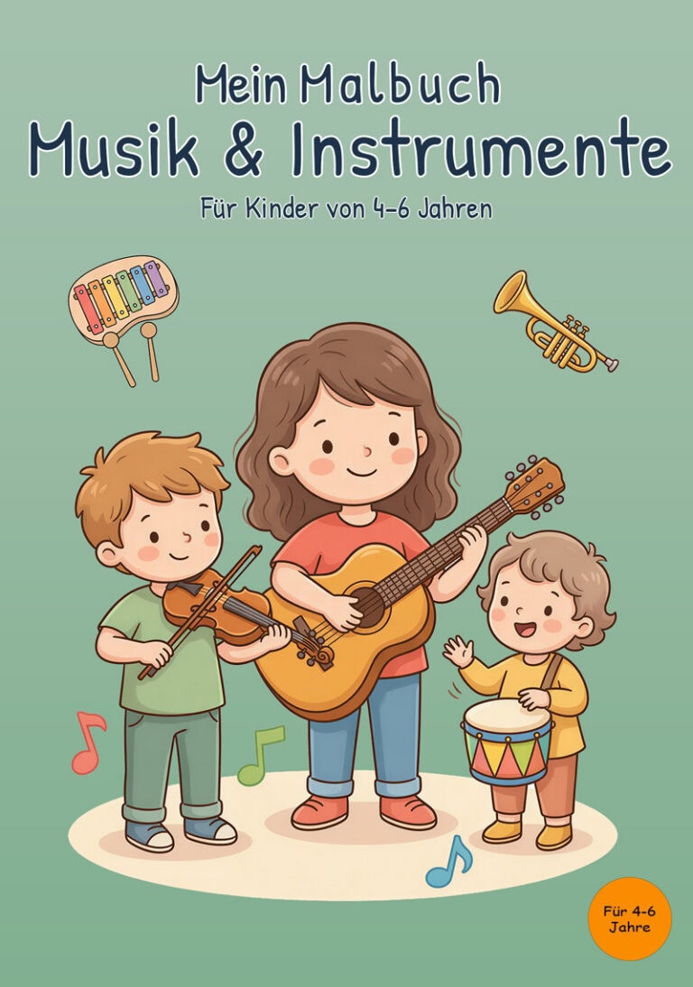 Mintgrünes Cover von „Mein Malbuch Musik & Instrumente“ mit einem Jungen an der Geige, einem Mädchen mit Gitarre und einem kleinen Kind an der Trommel sowie Xylophon, Trompete und bunten Musiknoten