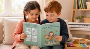 Ein Mädchen und ein Junge betrachten gemeinsam „Mein Malbuch Musik & Instrumente“ auf einem Sofa; daneben liegen ein buntes Xylophon und ein Tamburin, im Hintergrund steht ein Klavier