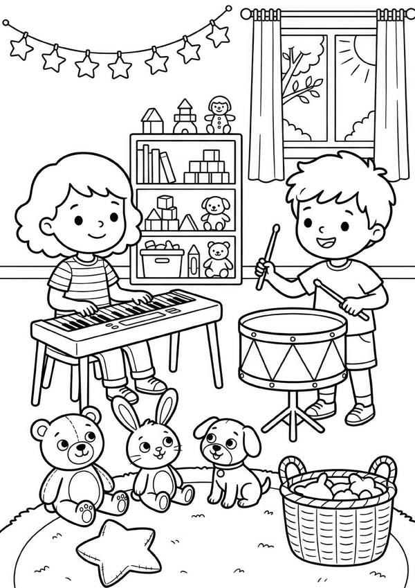 Ausmalbild mit zwei Kindern, die gemeinsam Keyboard und Trommel in einem Spielzimmer spielen