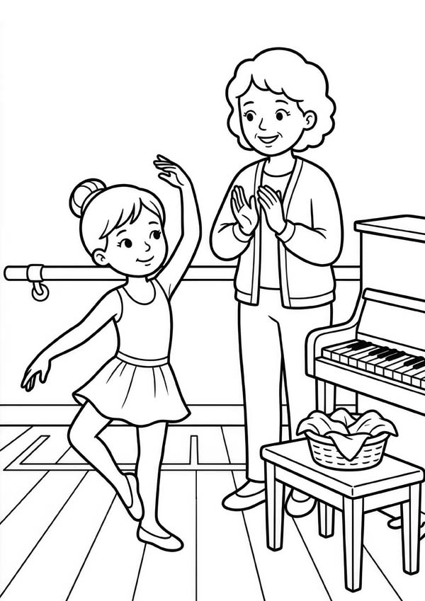 Ausmalbild mit einem Mädchen beim Ballettunterricht neben einem Klavier und seiner Lehrerin