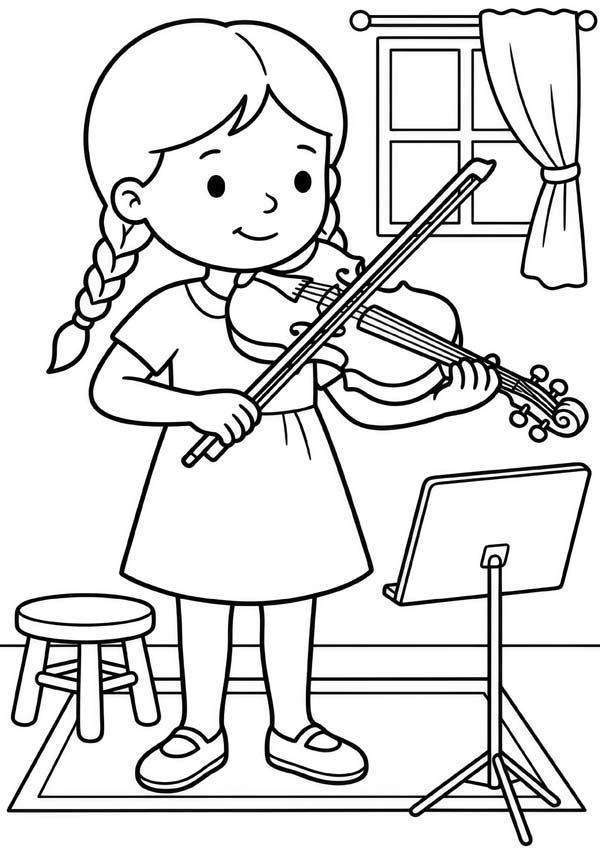 Ausmalbild mit einem Mädchen, das in einem Zimmer Geige vor einem Notenständer spielt