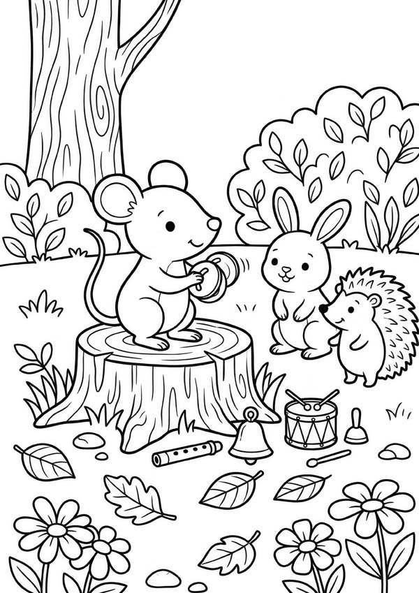 Ausmalbild mit einer Maus, die für einen Hasen und einen Igel auf kleinen Becken musiziert