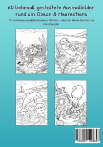 Rückseite von „Mein Malbuch Ozean & Meerestiere“ mit vier Beispiel-Ausmalbildern von Fisch, Seeottern, Delfinen und Tintenfisch am Schiffswrack