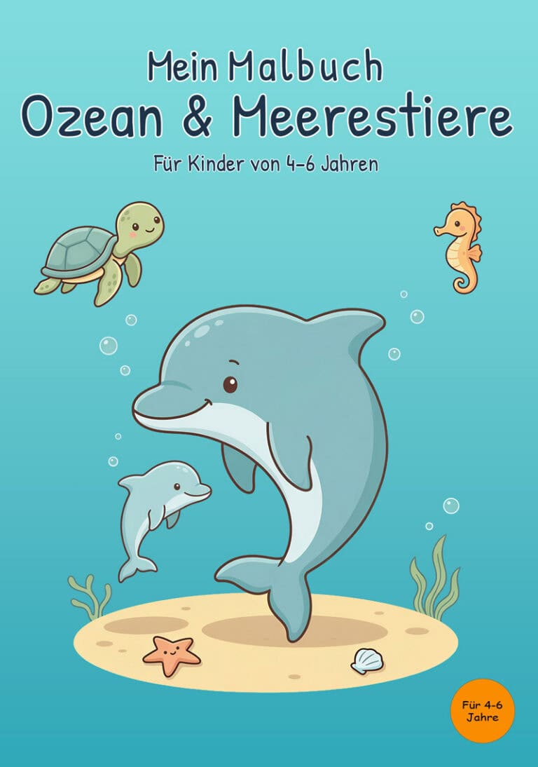 Cover von „Mein Malbuch Ozean & Meerestiere“ für Kinder von 4–6 Jahren mit zwei Delfinen, Meeresschildkröte, Seepferdchen, Seestern und Muschel