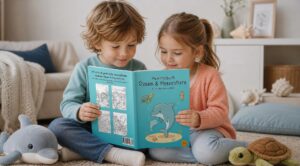 Zwei Kinder lesen gemeinsam „Mein Malbuch Ozean & Meerestiere“ auf dem Boden neben einem Delfin-Kuscheltier und einer Plüschschildkröte