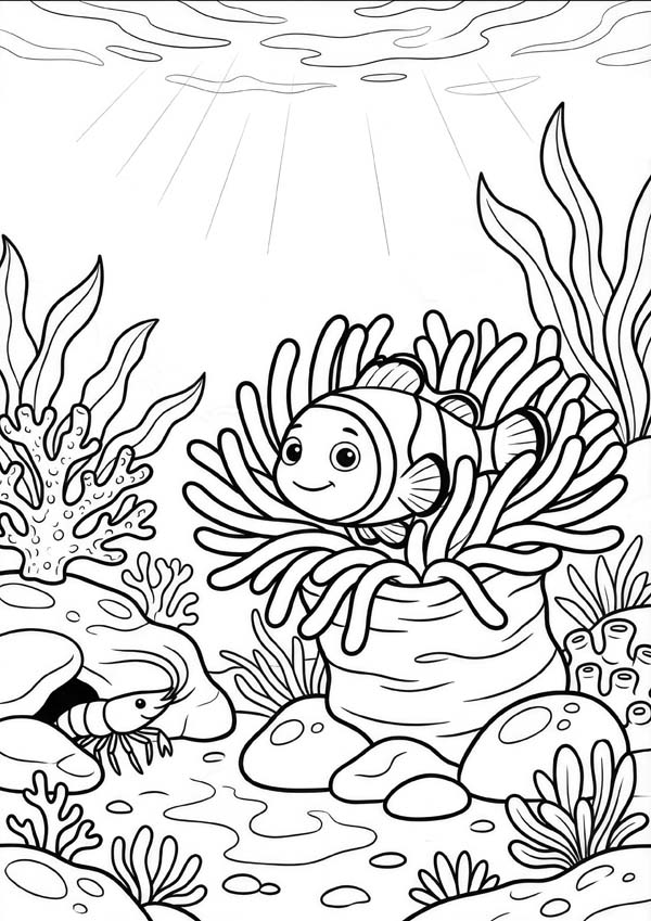 Ozean-Ausmalbild mit einem Clownfisch in einer Seeanemone, Korallen und einem kleinen Krebs am Meeresboden