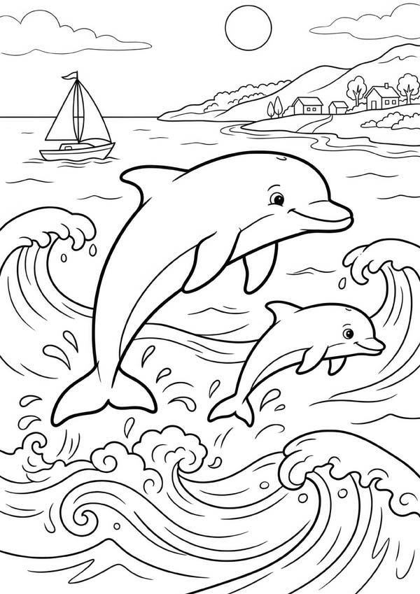 Ozean-Ausmalbild mit zwei Delfinen, die vor einer Küste mit Segelboot aus den Wellen springen