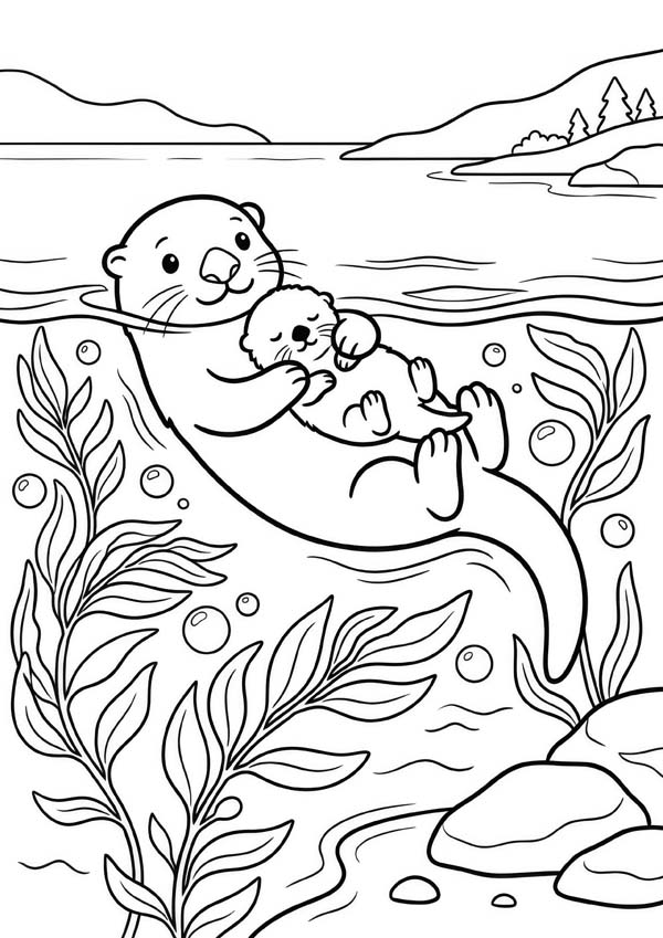 Meerestiere-Ausmalbild mit einem Seeotter, der sein Baby im Wasser vor einer Küstenlandschaft trägt
