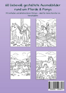 Rückseite von „Mein Malbuch Pferde & Ponys“ mit vier Beispielmotiven