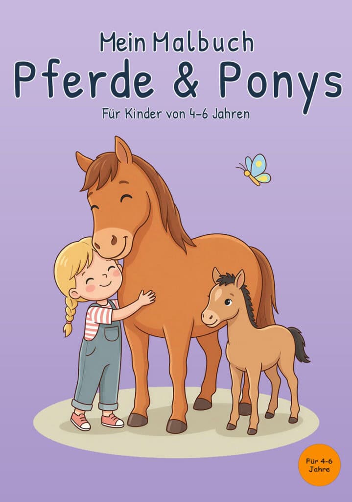 Cover von „Mein Malbuch Pferde & Ponys“ für Kinder von 4–6 Jahren mit Mädchen, Pferd, Fohlen und Schmetterling