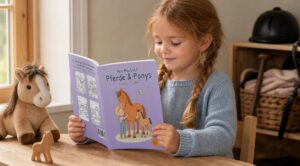 Mädchen liest „Mein Malbuch Pferde & Ponys“ an einem Tisch neben einem Pferde-Kuscheltier, einer kleinen Holzfigur und Reitausrüstung im Hintergrund