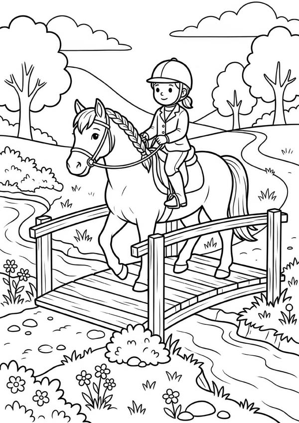 Ausmalbild mit einem Kind auf einem Pferd, das über eine Holzbrücke über einen Bach reitet