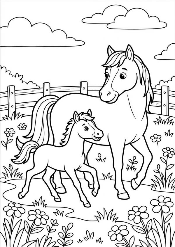 Ausmalbild mit einem Pferd und einem Fohlen auf einer blühenden Weide