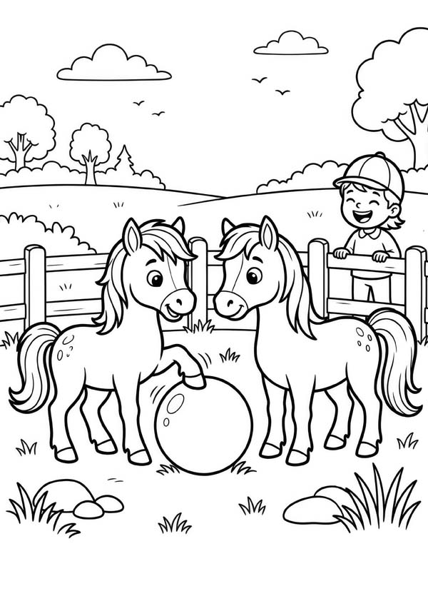 Ausmalbild mit zwei Ponys, einem großen Ball und einem Kind am Weidezaun