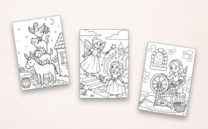 Drei Beispiel-Ausmalbilder aus „Mein Malbuch Prinzessinnen & Märchenwelt“ mit Bremer Stadtmusikanten, Fee bei einer Prinzessin und Mädchen am Spinnrad